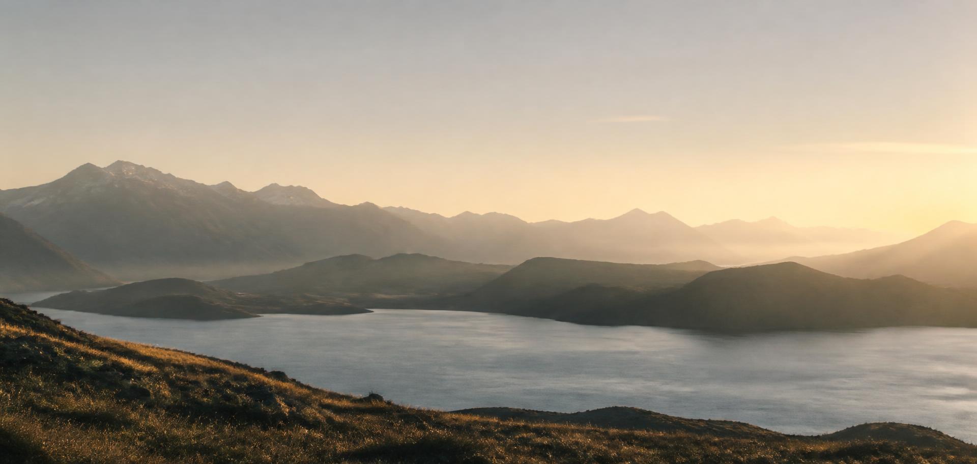 New Zealand highlands and lake at dawn